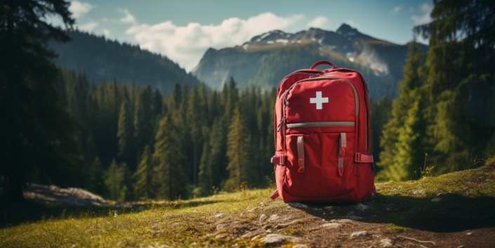 A first-aid backpack on the ground in a forest setting with mountains in the distance. Used as a metaphor for applying the principles of Dr ABC to managing high-pressure decisions at work