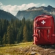 A first-aid backpack on the ground in a forest setting with mountains in the distance. Used as a metaphor for applying the principles of Dr ABC to managing high-pressure decisions at work