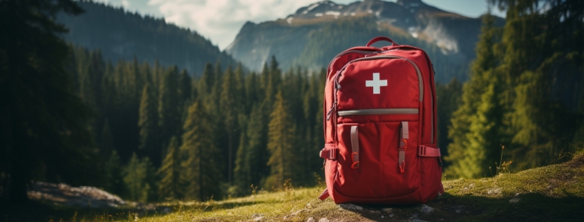 A first-aid backpack on the ground in a forest setting with mountains in the distance. Used as a metaphor for applying the principles of Dr ABC to managing high-pressure decisions at work